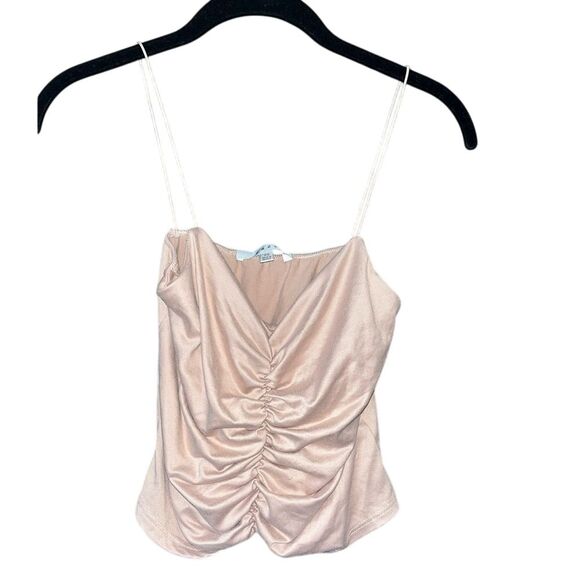 gaze Tops - Elegant Cream Satin Ruched Camisole Top with Spaghetti Straps Evening Party D24
